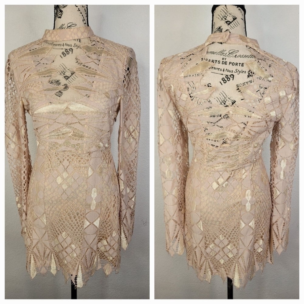 Free People Deco LaceMini Dress Sz 0 Fairy Eyelet Bell Sleeves Pink Tan